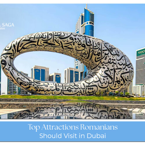 Top Dubai attractions for Romanian travellers including Burj Khalifa, desert safari, Dubai Marina, and Palm Jumeirah