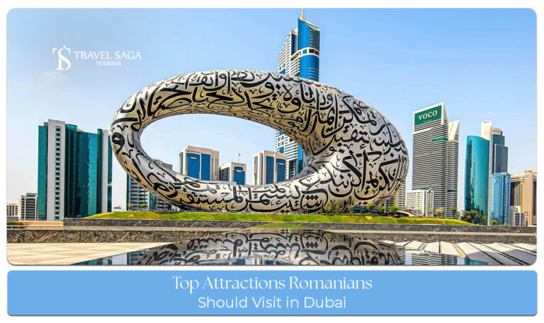 Top Dubai attractions for Romanian travellers including Burj Khalifa, desert safari, Dubai Marina, and Palm Jumeirah