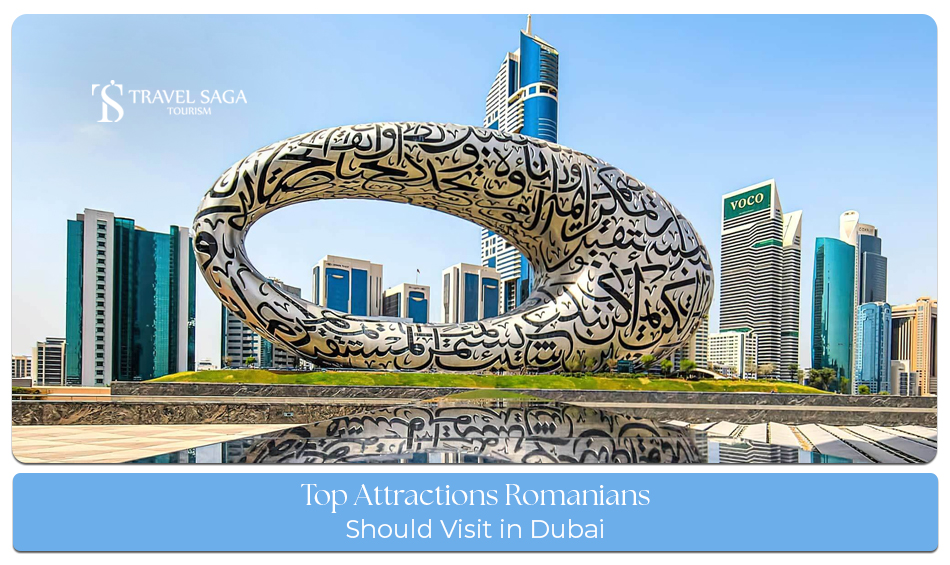 Top Dubai attractions for Romanian travellers including Burj Khalifa, desert safari, Dubai Marina, and Palm Jumeirah