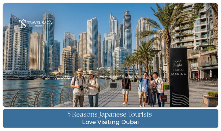 Japanese tourists enjoying Burj Khalifa, Dubai Marina, desert safari, and luxury shopping in Dubai