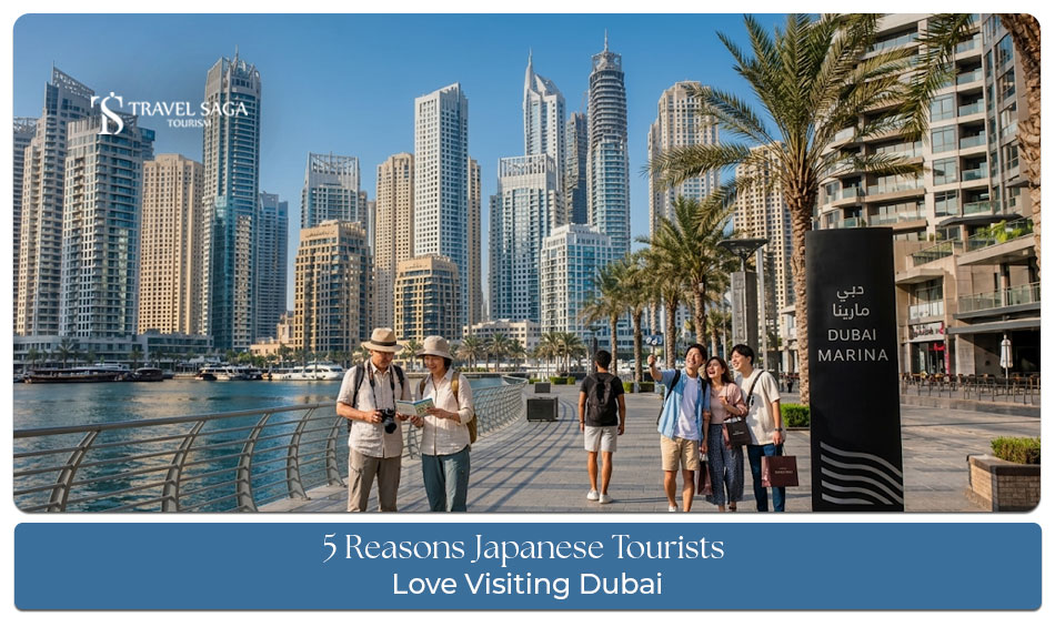 Japanese tourists enjoying Burj Khalifa, Dubai Marina, desert safari, and luxury shopping in Dubai