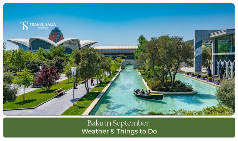 Travellers exploring Baku landmarks, coastline, and cultural attractions in September