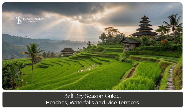 Sunny Bali beaches, rice terraces, and temples during the dry season