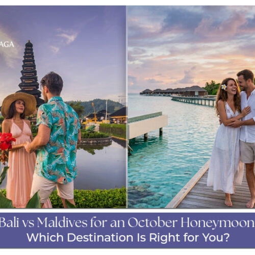 Couple enjoying a romantic honeymoon in Bali and the Maldives during October