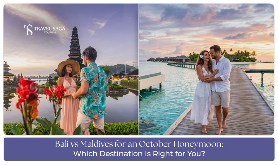 Couple enjoying a romantic honeymoon in Bali and the Maldives during October
