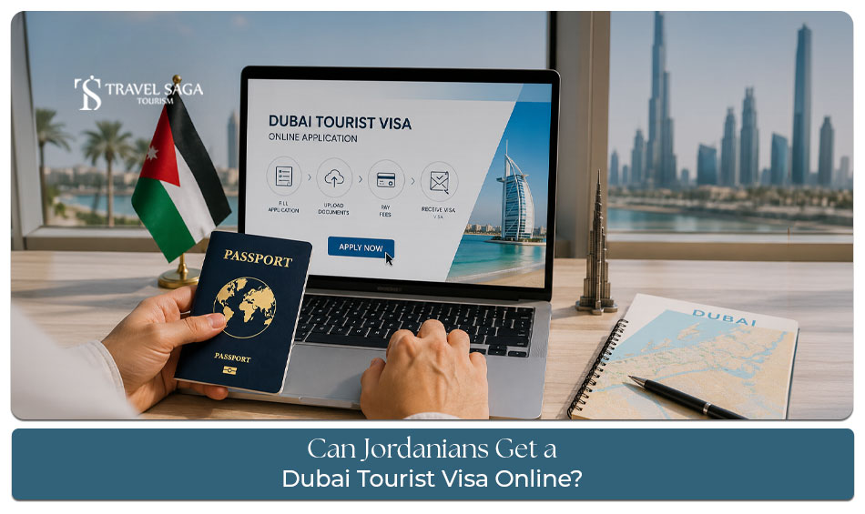 Jordanian traveller applying online for a Dubai tourist visa with passport and documents