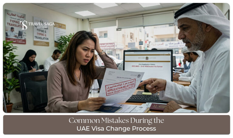 Traveller reviewing UAE visa change documents to avoid application mistakes