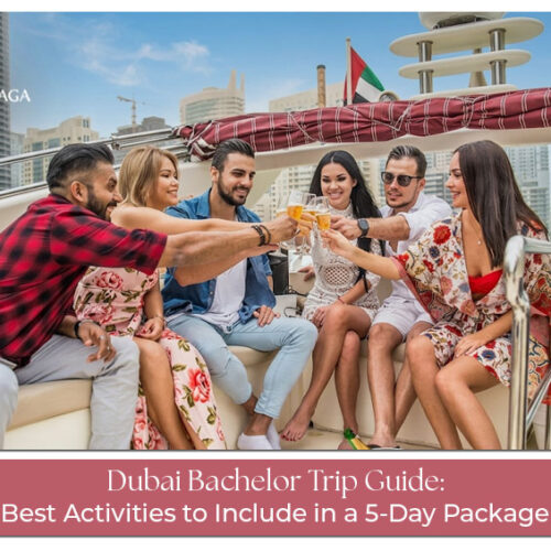 Friends enjoying a Dubai bachelor trip with a yacht party, desert safari, and vibrant nightlife