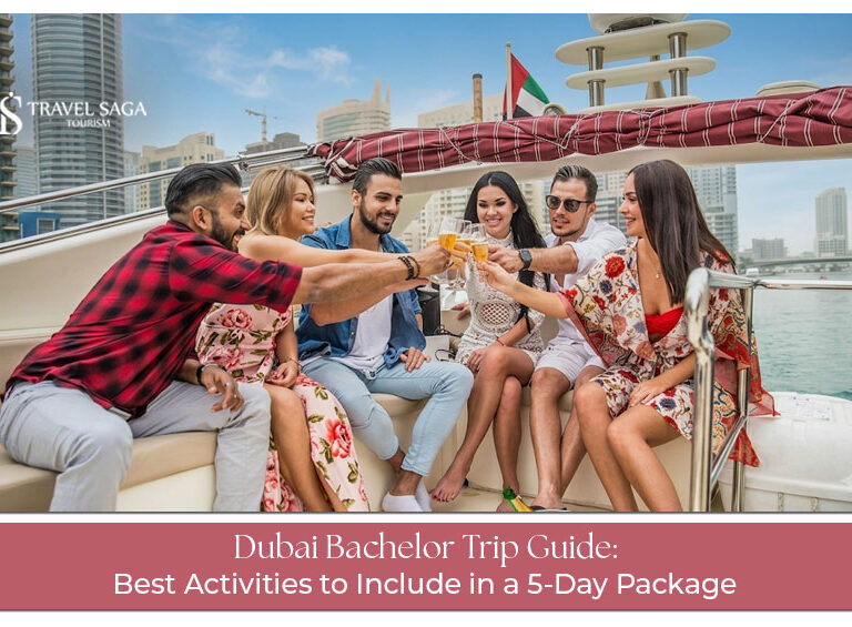 Friends enjoying a Dubai bachelor trip with a yacht party, desert safari, and vibrant nightlife