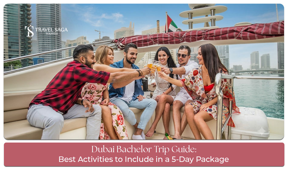 Friends enjoying a Dubai bachelor trip with a yacht party, desert safari, and vibrant nightlife