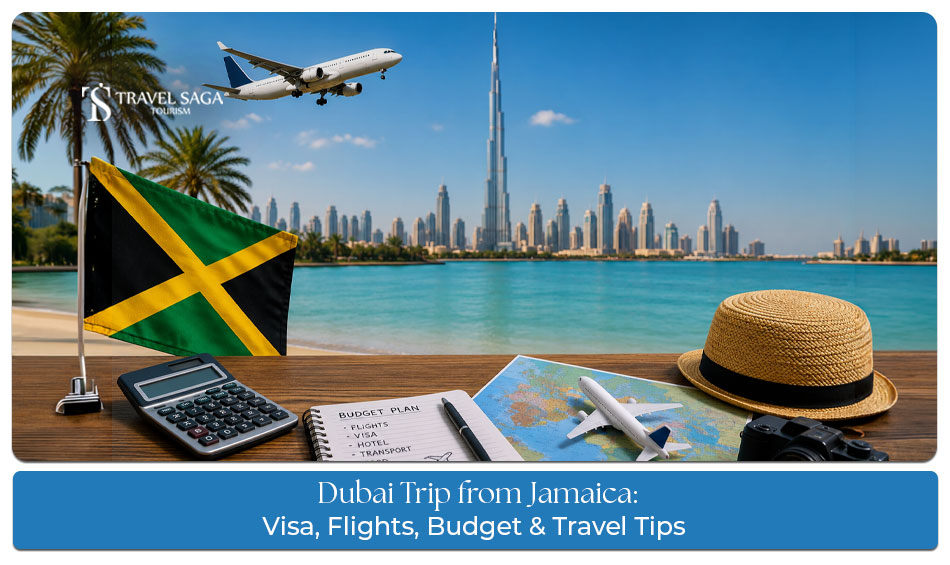 Jamaican travellers exploring Burj Khalifa, Dubai Marina, desert safari, and luxury attractions in Dubai