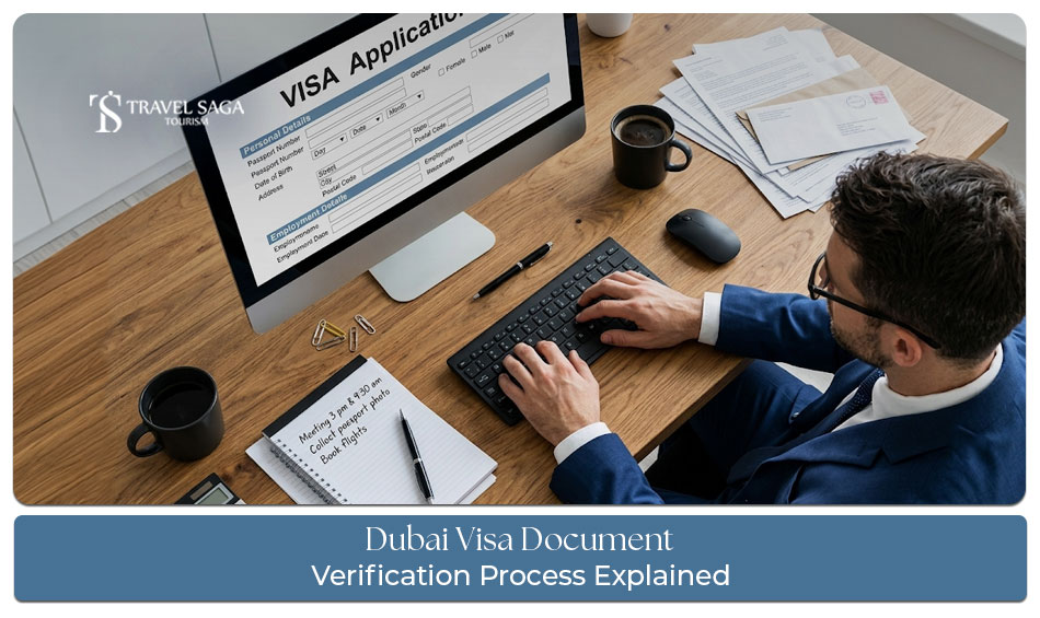 Traveller reviewing documents for Dubai visa verification before submitting the application.