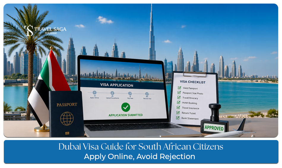 Dubai visa application guide for South African citizens with passport, travel documents, and UAE visa process