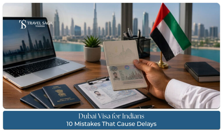 Indian traveller checking Dubai visa application documents to avoid common mistakes