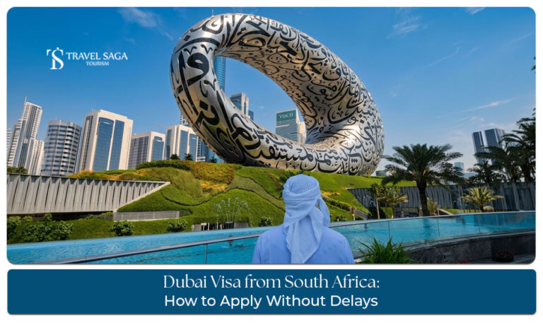 South African traveller applying for a Dubai visa with passport and travel documents