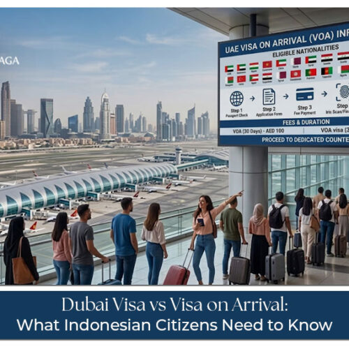 Indonesian traveller comparing Dubai visa application and visa on arrival options before travel