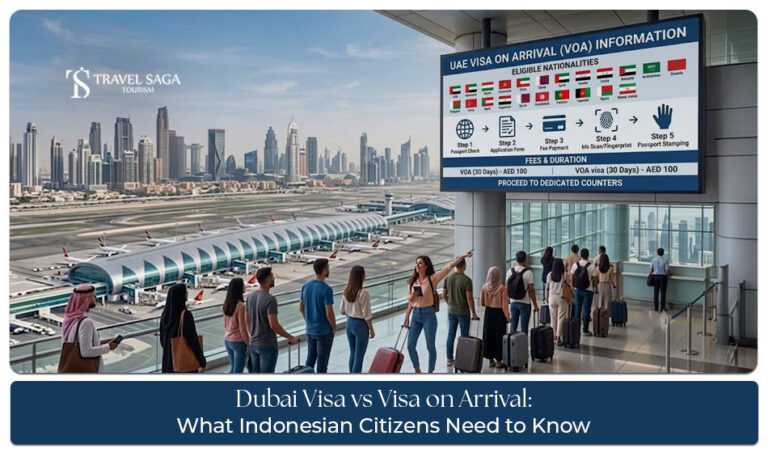 Indonesian traveller comparing Dubai visa application and visa on arrival options before travel