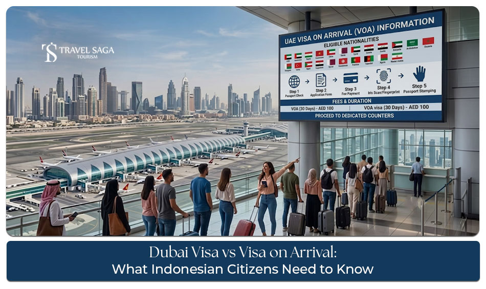 Indonesian traveller comparing Dubai visa application and visa on arrival options before travel