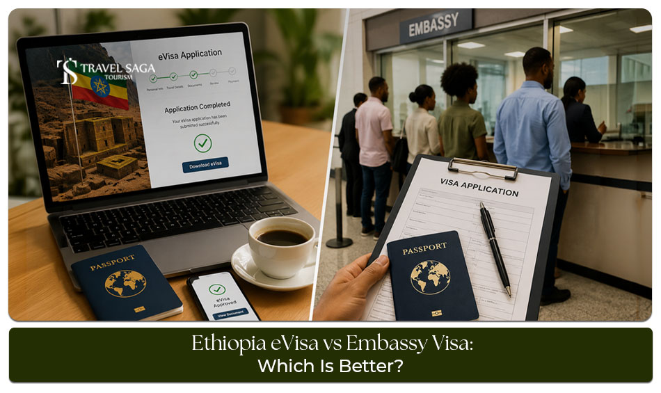 Traveller comparing Ethiopia eVisa and embassy visa application options