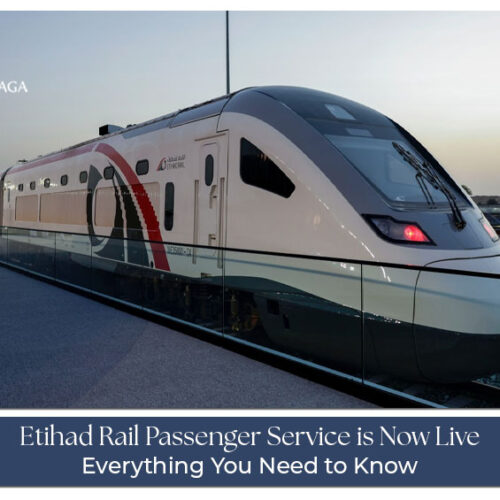 Etihad Rail passenger train operating across the UAE with modern coaches and passenger stations