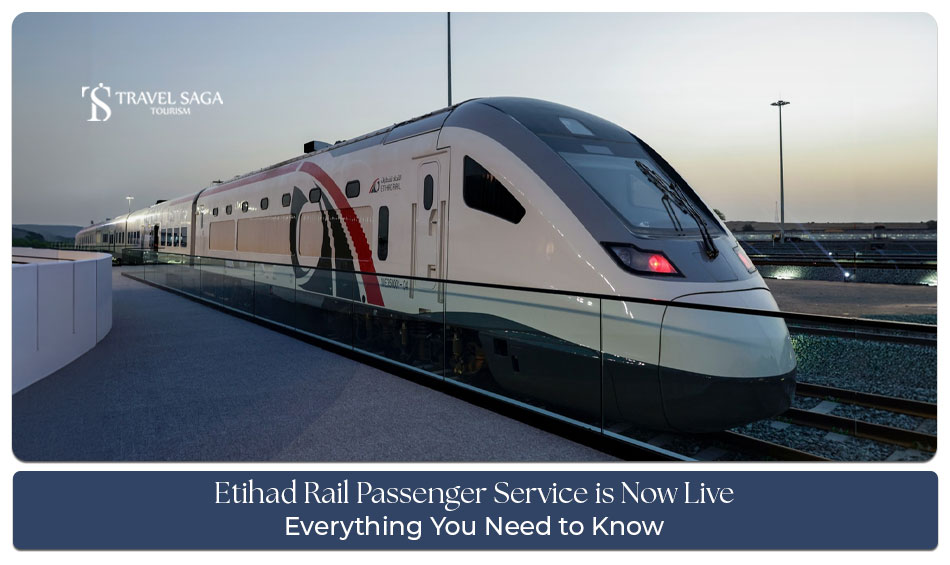 Etihad Rail passenger train operating across the UAE with modern coaches and passenger stations