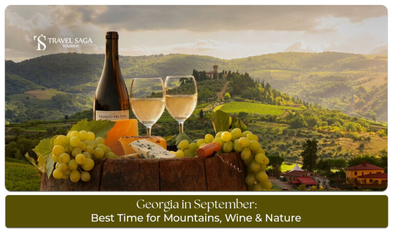 Georgia in September with scenic mountains, vineyards, and pleasant autumn weather