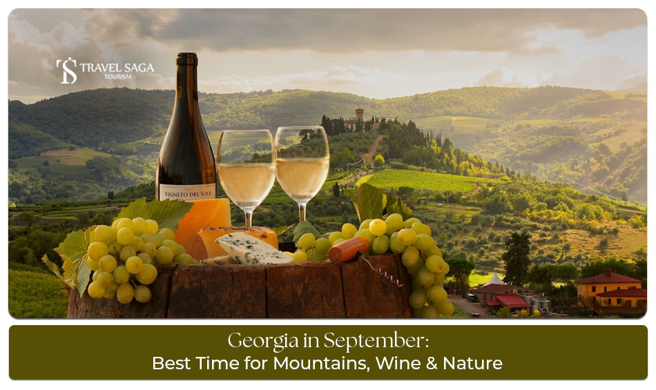 Georgia in September with scenic mountains, vineyards, and pleasant autumn weather