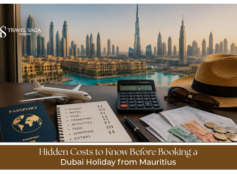 Mauritius traveller calculating hidden expenses for a Dubai holiday