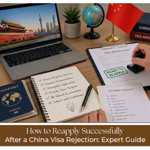 Traveller reviewing China visa rejection letter and preparing a new visa application with supporting documents