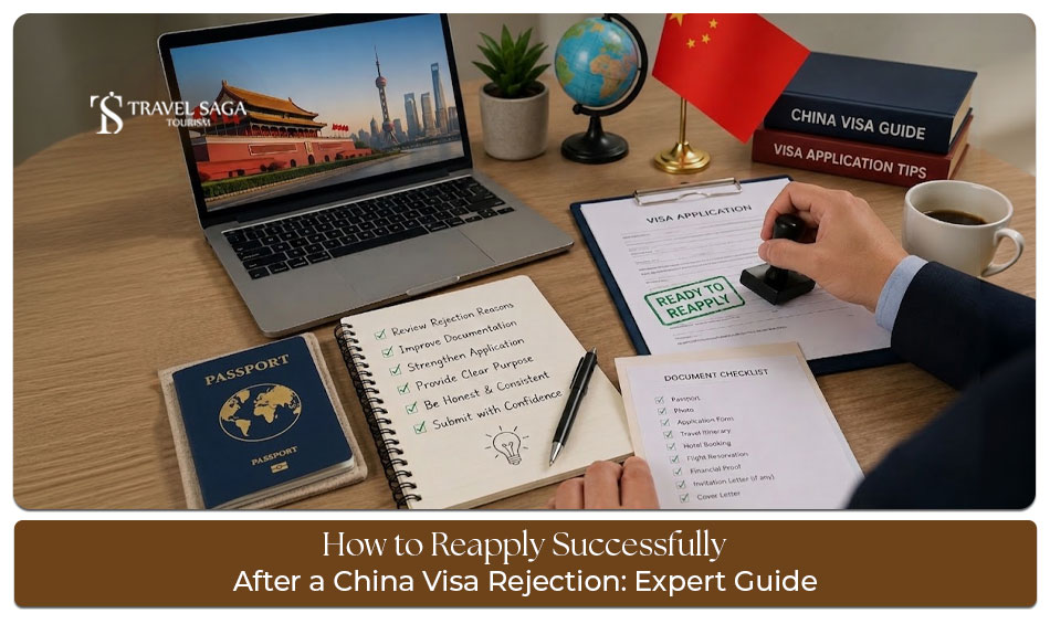 Traveller reviewing China visa rejection letter and preparing a new visa application with supporting documents