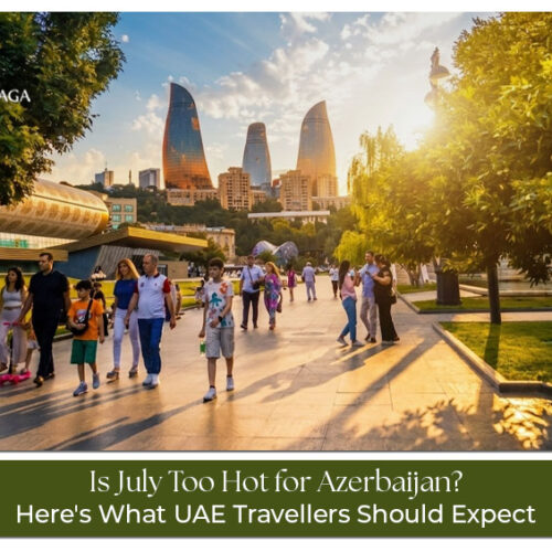 Summer scenery in Azerbaijan with Baku city, mountains, and tourists exploring in July