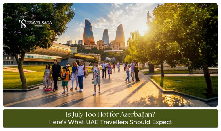 Summer scenery in Azerbaijan with Baku city, mountains, and tourists exploring in July