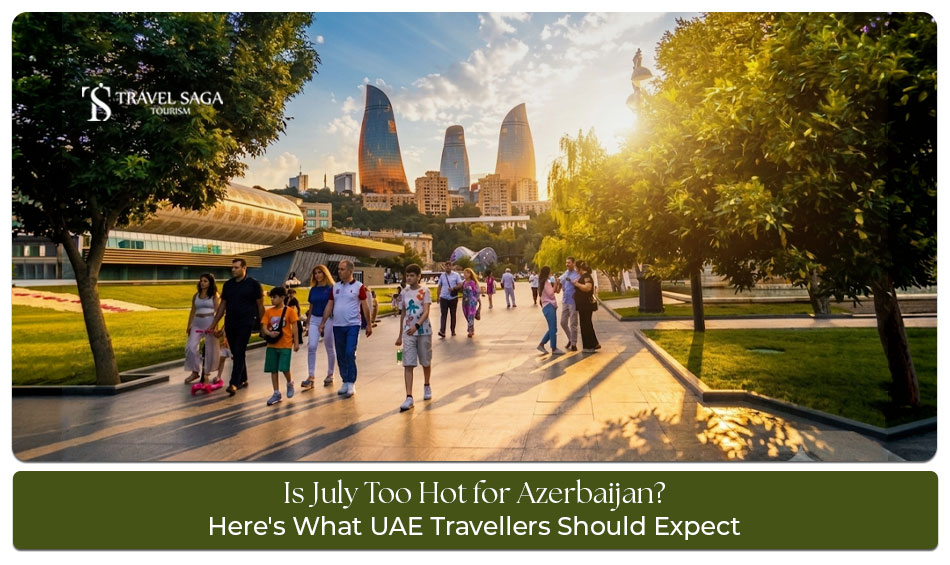 Summer scenery in Azerbaijan with Baku city, mountains, and tourists exploring in July