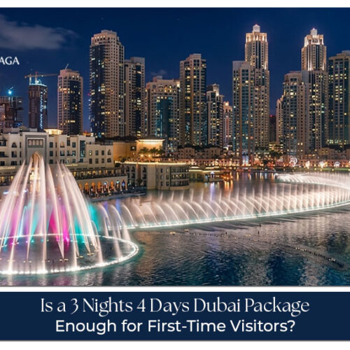 Dubai skyline featuring the Burj Khalifa, modern attractions, and tourists enjoying a 3 nights 4 days Dubai tour.