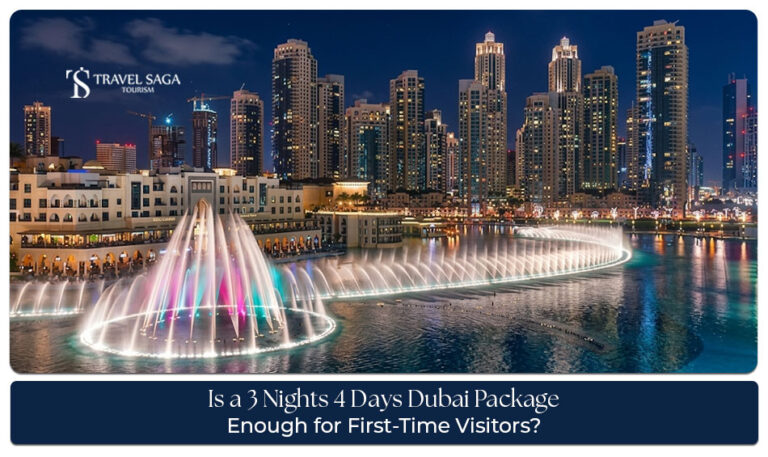 Dubai skyline featuring the Burj Khalifa, modern attractions, and tourists enjoying a 3 nights 4 days Dubai tour.
