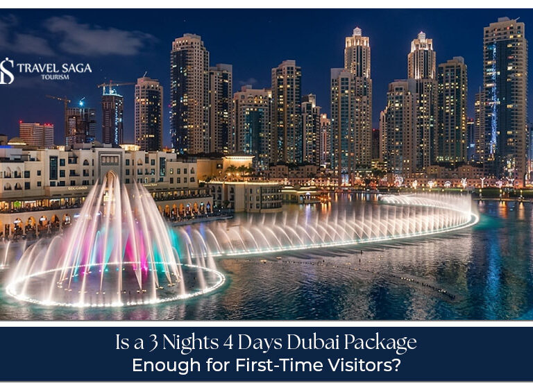 Dubai skyline featuring the Burj Khalifa, modern attractions, and tourists enjoying a 3 nights 4 days Dubai tour.
