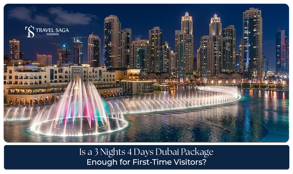 Dubai skyline featuring the Burj Khalifa, modern attractions, and tourists enjoying a 3 nights 4 days Dubai tour.
