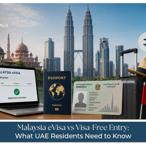 UAE resident checking Malaysia eVisa and visa-free entry requirements with passport and travel documents