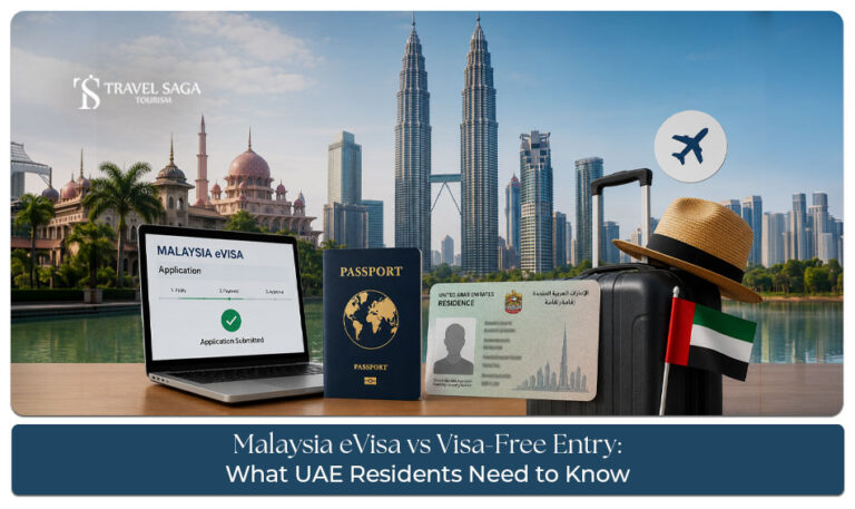 UAE resident checking Malaysia eVisa and visa-free entry requirements with passport and travel documents