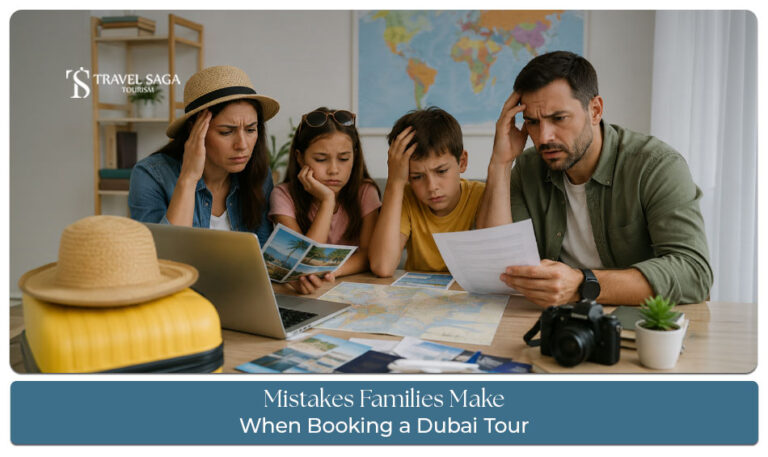 Family reviewing Dubai tour options and avoiding common travel booking mistakes