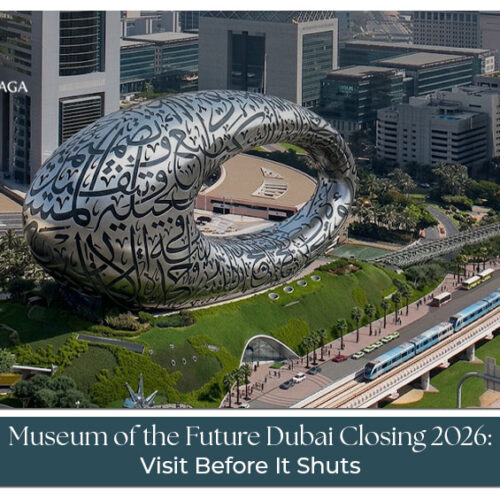 Museum of the Future Dubai with visitors checking closure updates for 2026