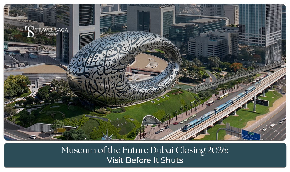 Museum of the Future Dubai with visitors checking closure updates for 2026