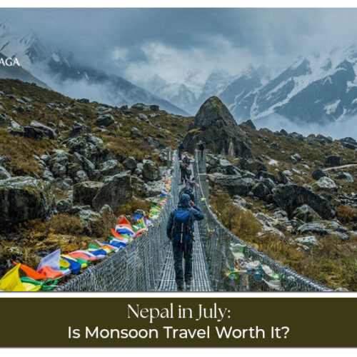 Travellers exploring Nepal mountains, temples, waterfalls, and green landscapes in July