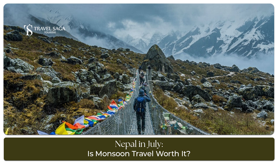 Travellers exploring Nepal mountains, temples, waterfalls, and green landscapes in July
