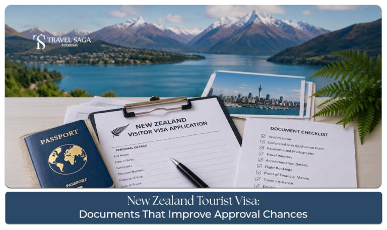 Traveller preparing a complete New Zealand tourist visa application with passport and supporting documents