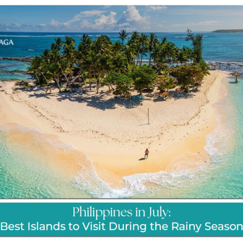 Tourists exploring beautiful Philippine islands with beaches, palm trees, and clear blue waters in July