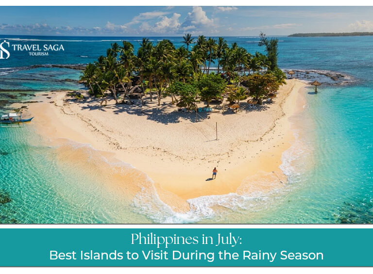 Tourists exploring beautiful Philippine islands with beaches, palm trees, and clear blue waters in July