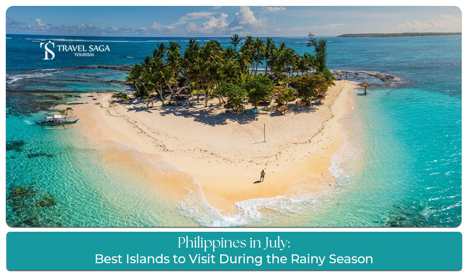 Tourists exploring beautiful Philippine islands with beaches, palm trees, and clear blue waters in July