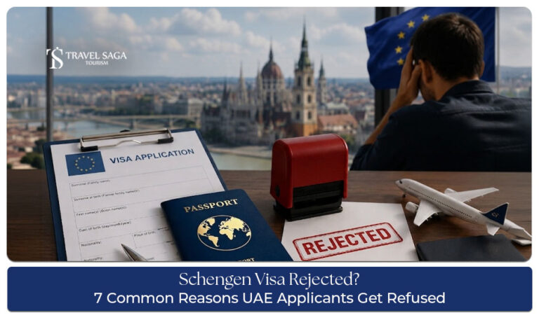 UAE resident reviewing a Schengen visa rejection letter with passport and application documents