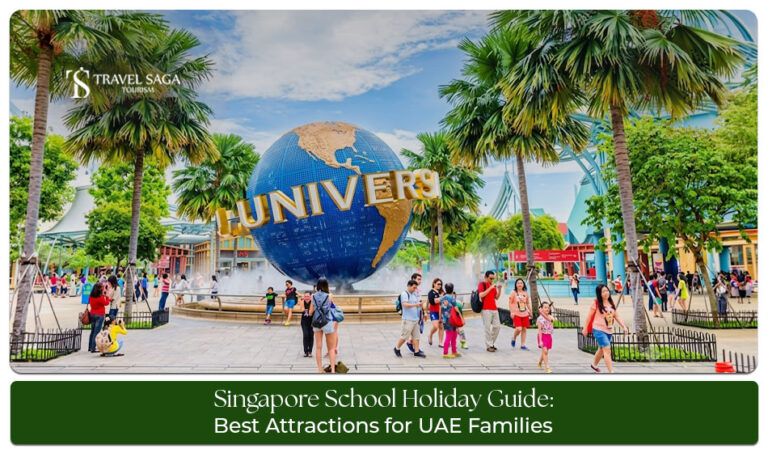 UAE family exploring Singapore attractions including Gardens by the Bay, Sentosa, and Universal Studios